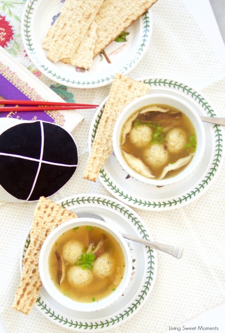 This Asian style Matzo Ball Soup recipe is made with a flavorful ginger scallion broth and shiitake mushrooms. Perfect for your modern Passover Seder menu. 