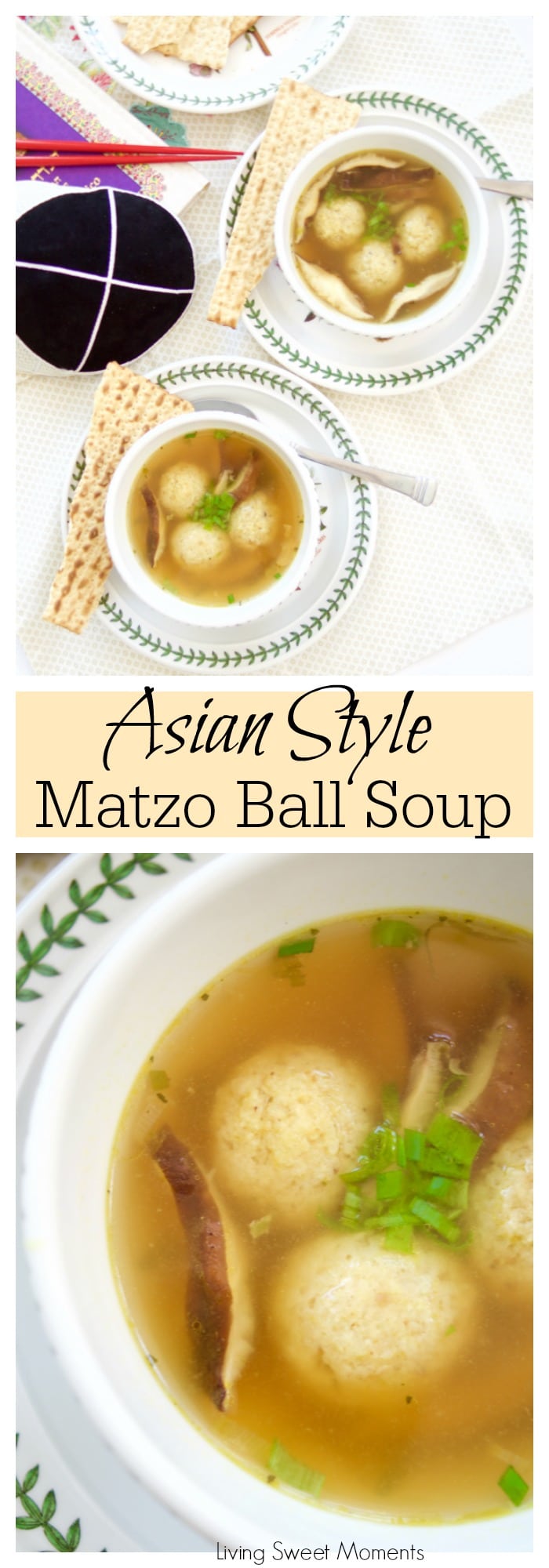 This Asian style Matzo Ball Soup recipe is made with a flavorful ginger scallion broth and shiitake mushrooms. Perfect for your modern Passover Seder menu. 