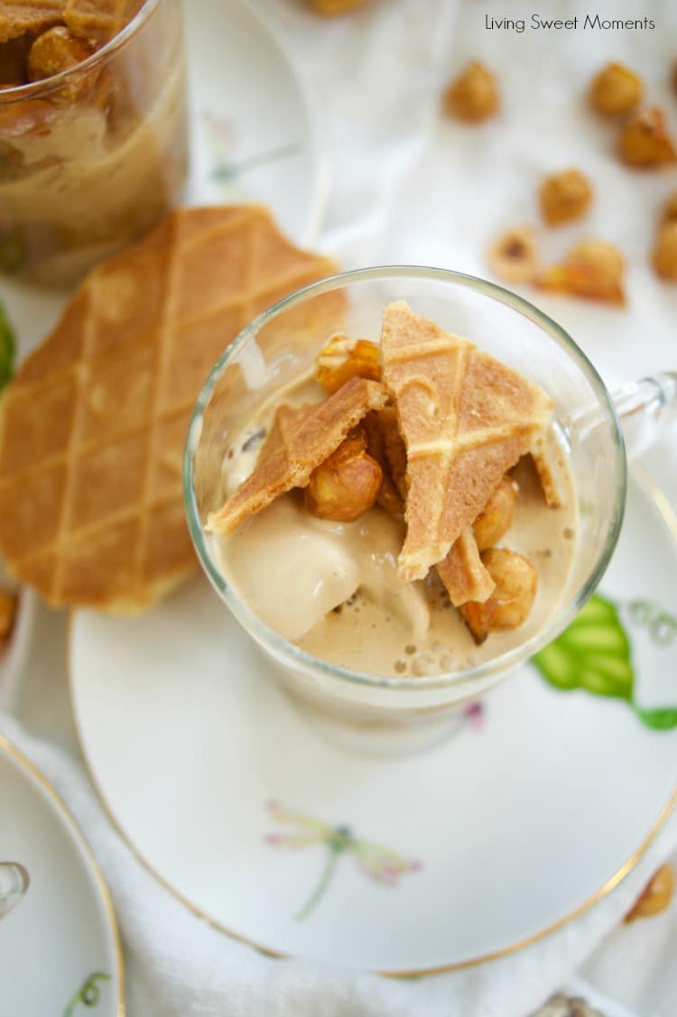 This delicious Hazelnut Affogato recipe is made with caramelized hazelnuts, hazelnut ice cream, and instant coffee for a delicious no bake dessert idea.