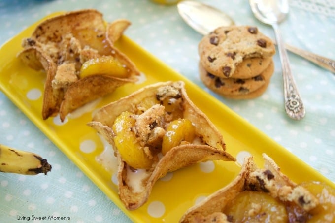 These delicious Ice Cream tacos are filled with warm plantains foster and topped with yummy Chips Ahoy! The perfect dessert or snack with a latin twist. 