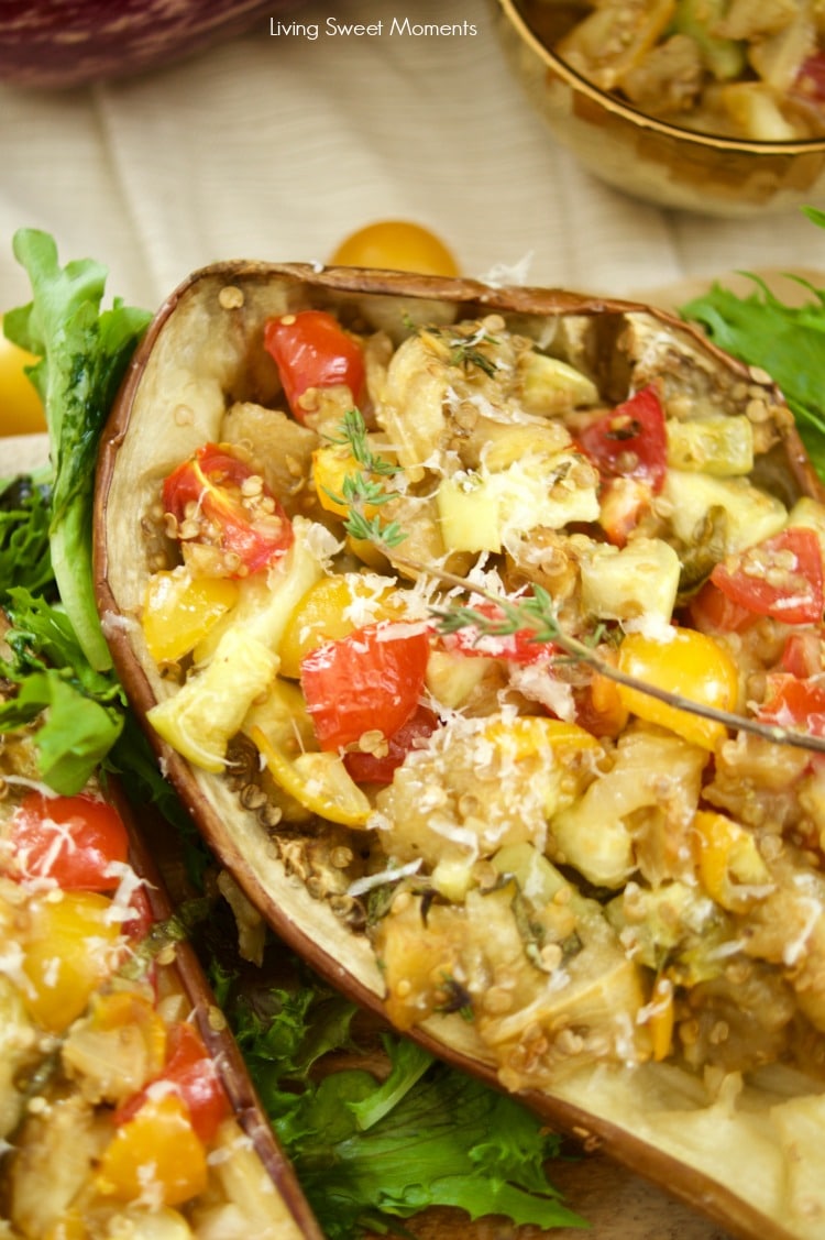 This delicious Tomato Stuffed Roasted Eggplant is super easy to make and the perfect vegetarian entree that is filling and tasty. Great for parties as well! 