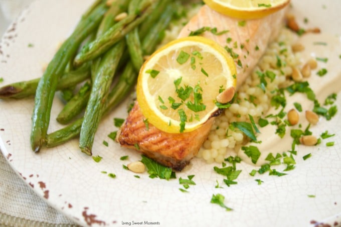 This delicious broiled salmon recipe is served with a homemade tahini sauce and green beans. The perfect quick weeknight meal that is both healthy & tasty