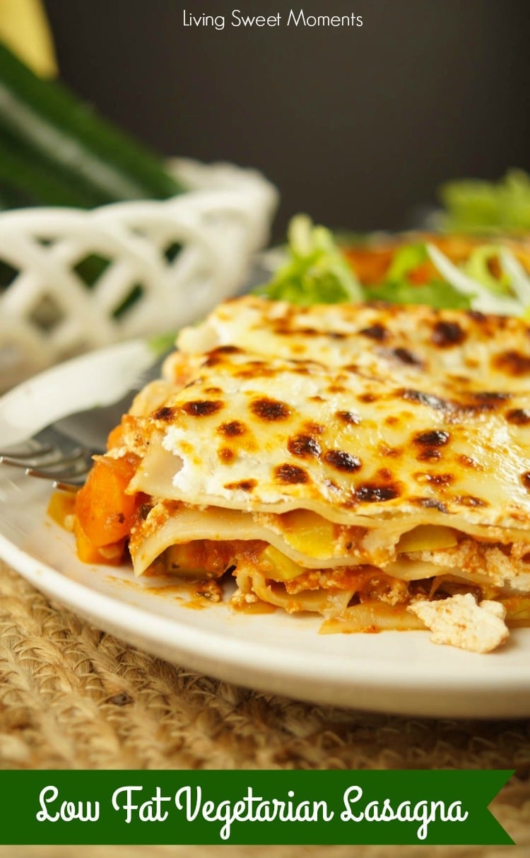 This hearty Low Fat Vegetarian Lasagna Recipe is packed with veggies in a delicious tomato sauce. The perfect weeknight dinner idea that everyone will love. 