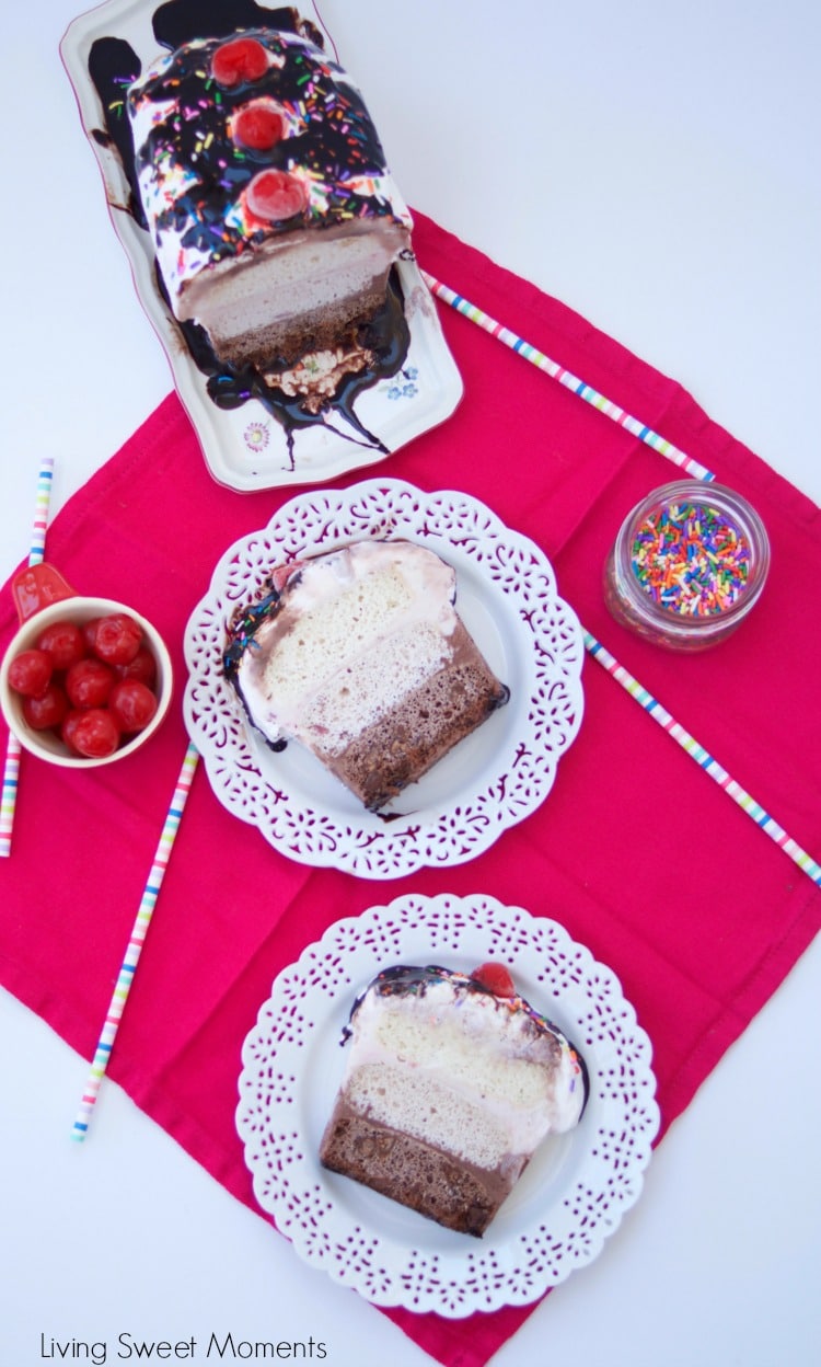 Neapolitan Ice Cream Cake - This delicious cake features 3 layers of cake, 3 layers of ice cream, and whipped cream on top. Perfect dessert for summer yum!
