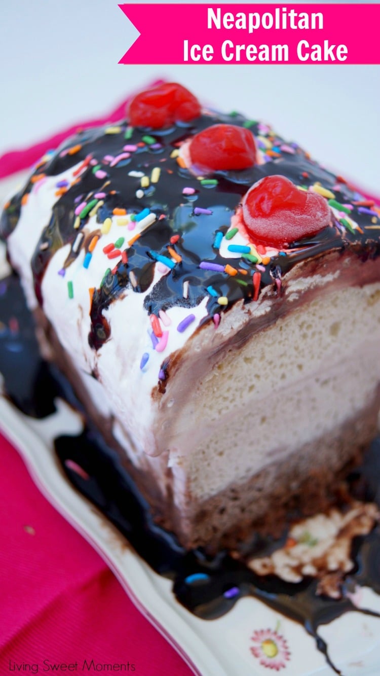 Neapolitan Ice Cream Cake - This delicious cake features 3 layers of cake, 3 layers of ice cream, and whipped cream on top. Perfect dessert for summer yum!