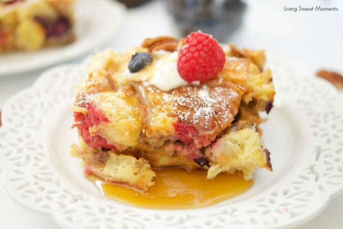 This delicious Overnight French Toast Casserole recipe is stuffed with maple peanut butter and berries. Perfect for brunch, breakfast, or even dessert. Yum!