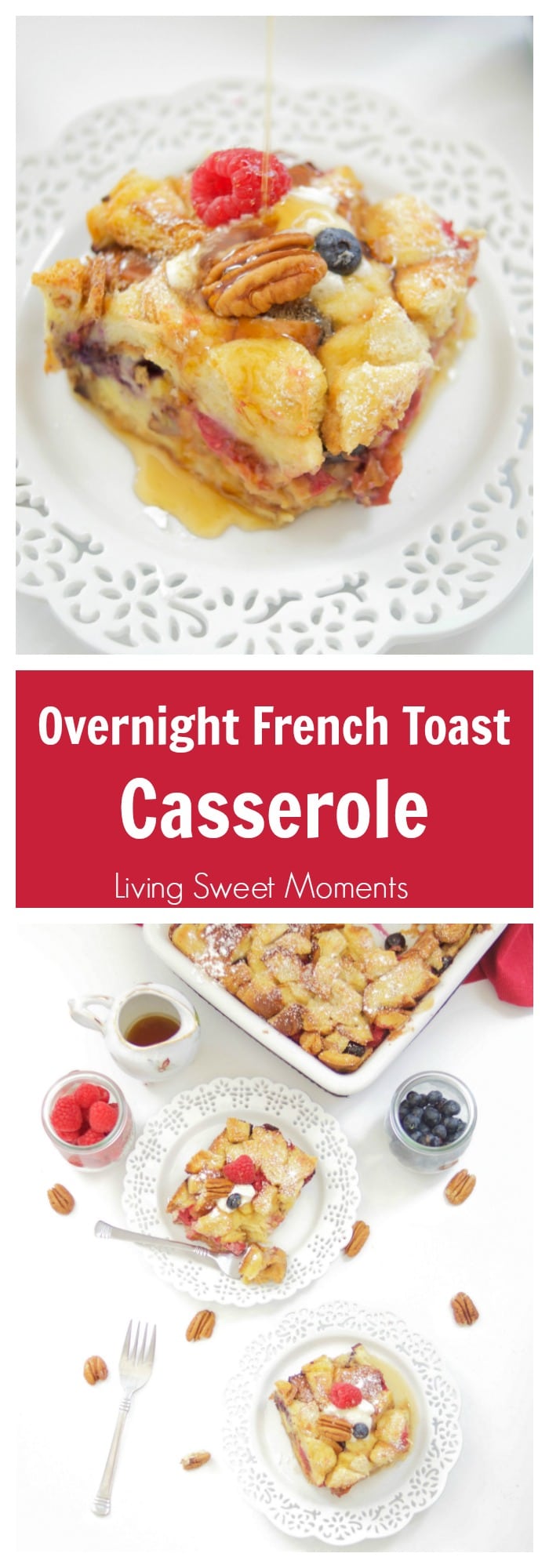 This delicious Overnight French Toast Casserole recipe is stuffed with maple peanut butter and berries. Perfect for brunch, breakfast, or even dessert. Yum!