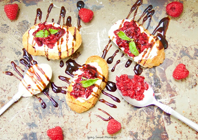 This delicious Roasted Raspberry Crostini recipe is made with balsamic vinegar, mascarpone cheese on top of a baguette. The perfect summer appetizer.