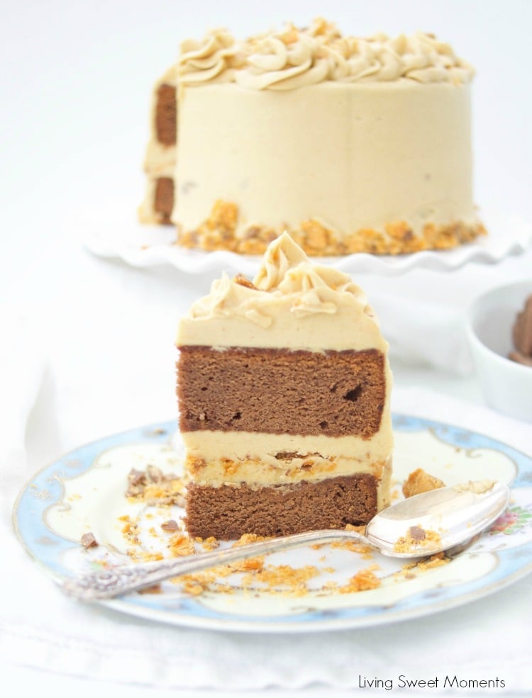 This delicious Butterfinger Cake Recipe dessert is made from scratch and features a moist chocolate cake with peanut butter frosting and butterfingers.