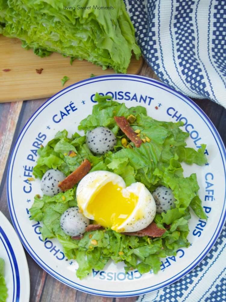 This amazing French Lyonnaise Salad Recipe is easy to make & delicious. Enjoy greens, bacon & fruit tossed with a mustard vinaigrette & a soft boiled egg.