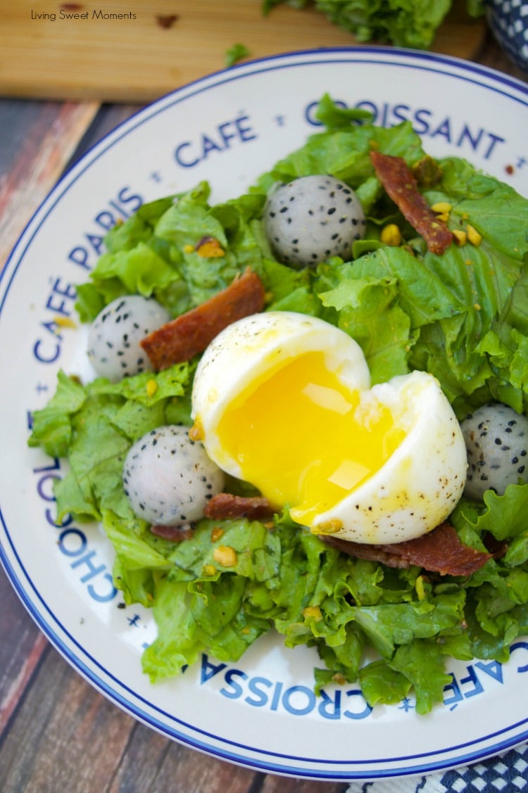 This amazing French Lyonnaise Salad Recipe is easy to make & delicious. Enjoy greens, bacon & fruit tossed with a mustard vinaigrette & a soft boiled egg.