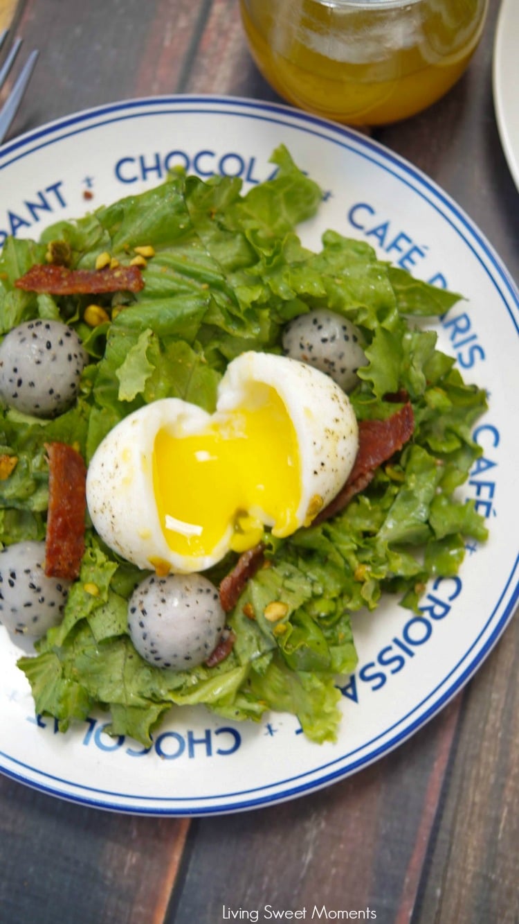 This amazing French Lyonnaise Salad Recipe is easy to make & delicious. Enjoy greens, bacon & fruit tossed with a mustard vinaigrette & a soft boiled egg.