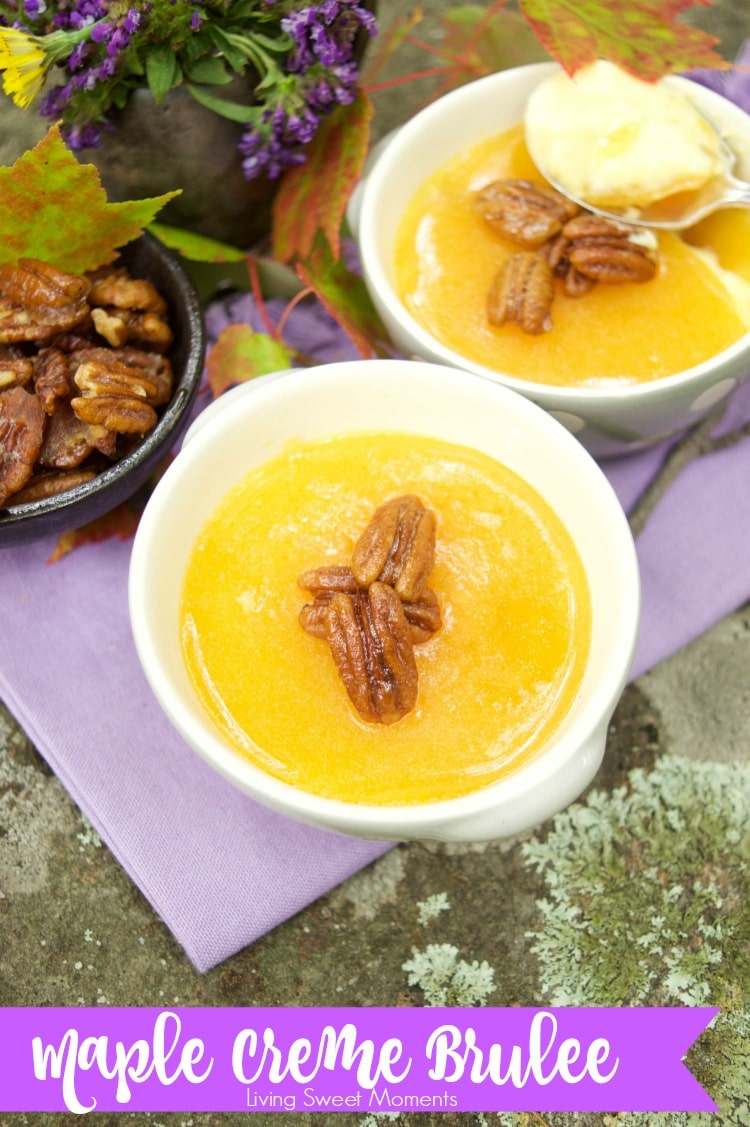 This delicious Maple Creme Brûlée recipe only requires 5 ingredients and is served with candied pecans for extra flavor and crunch. A perfect fancy dessert. 
