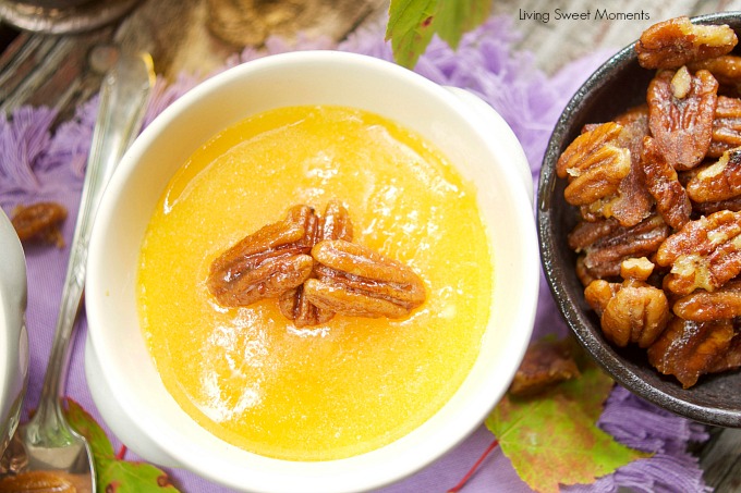 This delicious Maple Creme Brûlée recipe only requires 5 ingredients and is served with candied pecans for extra flavor and crunch. A perfect fancy dessert.