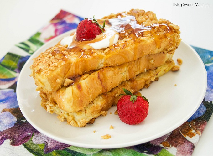 This Crunchy French Toast recipe is crusted with cinnamon cereal and sauteed with butter. The perfect quick breakfast or brunch idea for kids and adults. 