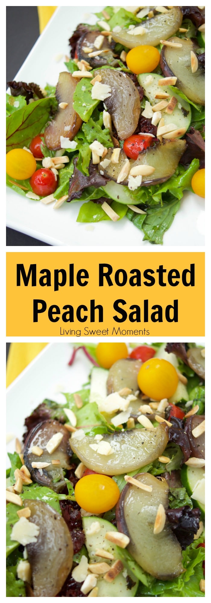 This tasty maple Roasted Peach Salad recipe is served with greens, tomatoes, almonds, parmesan and almonds, then tossed with a tangy maple vinaigrette.
