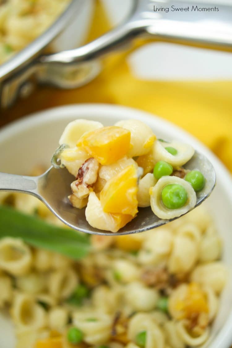 This creamy Mac And Cheese recipe is inspired by fall featuring butternut squash, peas, sage, and walnuts. The perfect easy 30-minute weeknight dinner idea. Vegetarian too! 