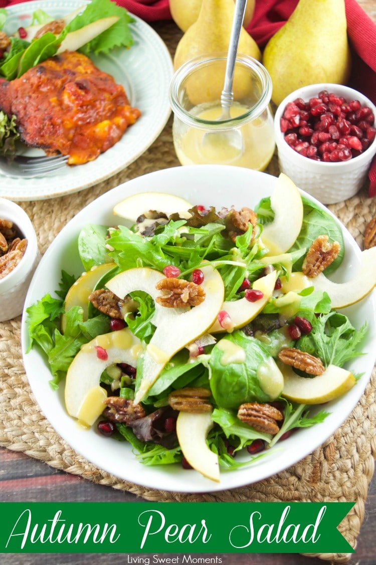 This tasty pomegranate Pear Salad is served with candied pecans and drizzled with a mustard dressing. The perfect autumn quick salad to serve with dinner. 