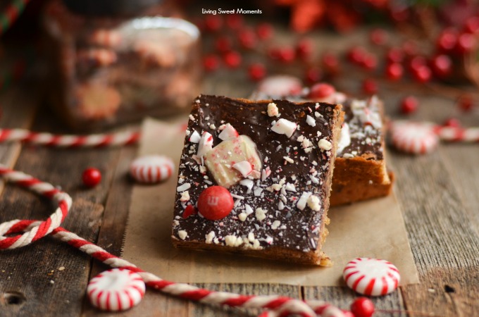 These soft and chewy Peppermint Blondies are covered in chocolate and sprinkled with candy. The perfect Holiday dessert recipe for parties and celebrations. 