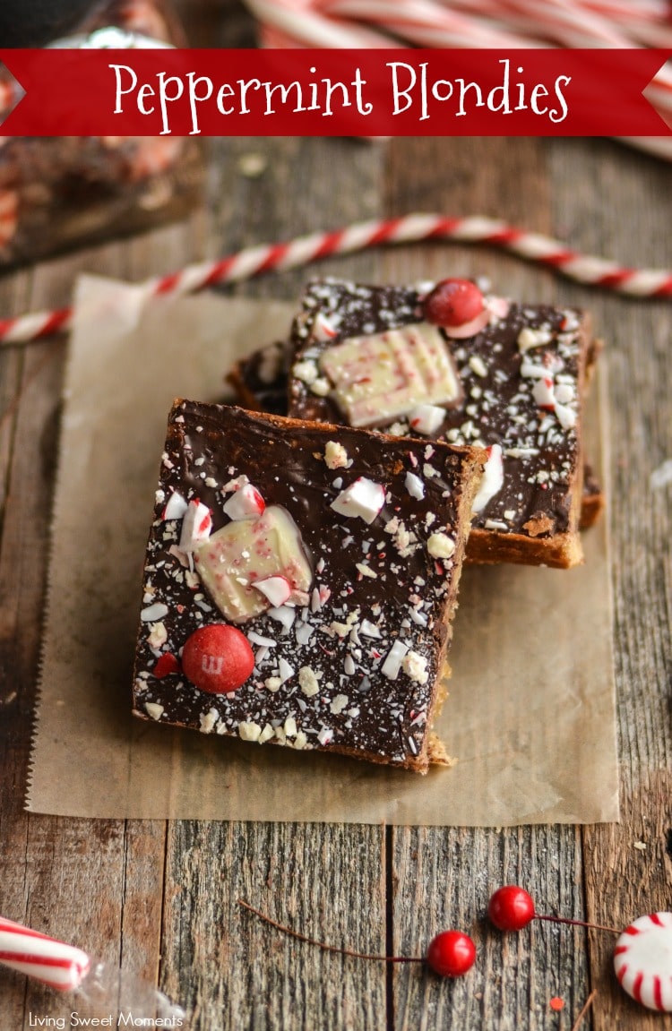 These soft and chewy Peppermint Blondies are covered in chocolate and sprinkled with candy. The perfect Holiday dessert recipe for parties and celebrations. 