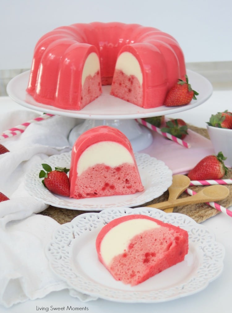 This decadent strawberry Flan Jello Cake Recipe is a 3 in 1. A Cake and flan encased in a refreshing jello shell. A showstopper dessert for any occasion.