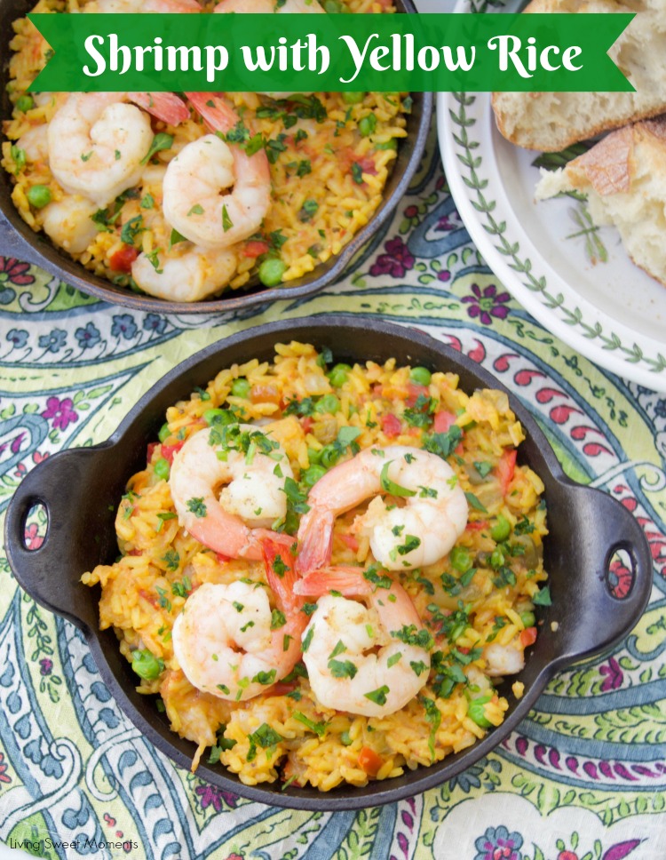 This delicious Spanish Shrimp With Yellow Rice recipe is super easy to make, ready in less than an hour, & feeds a crowd. Perfect for dinner or entertaining