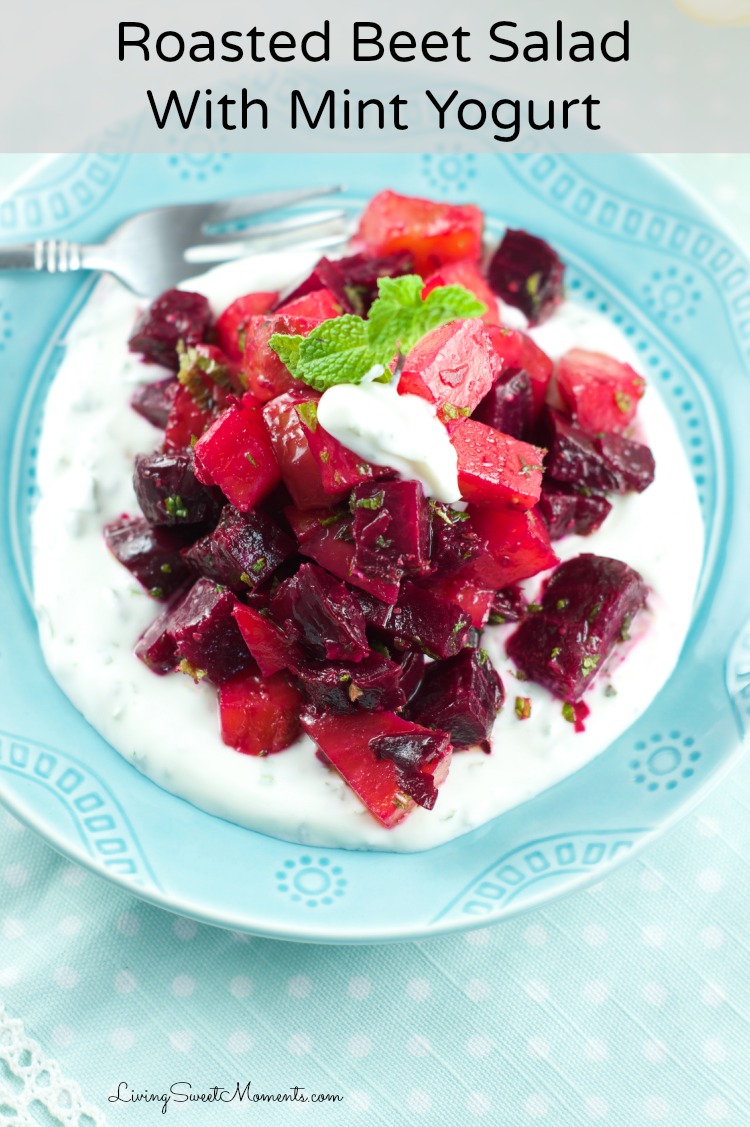 Roasted Beet Salad With Mint Yogurt - Delicious roasted beets tossed in a mustard balsamic vinaigrette and served with mint yogurt. Simple yet elegant salad