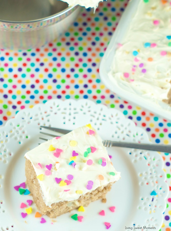 Tapioca Spiced Poke Cake - Spice cake is drenched with creamy tapioca pudding and then topped with cream cheese frosting. Perfect and easy dessert for parties and get togethers. More on www.livingsweetmoments.com