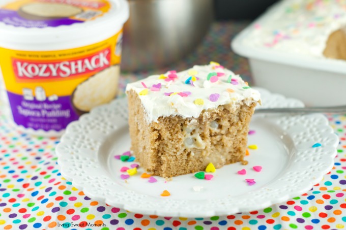 Tapioca Spiced Poke Cake - Spice cake is drenched with creamy tapioca pudding and then topped with cream cheese frosting. Perfect and easy dessert for parties and get togethers. More on www.livingsweetmoments.com