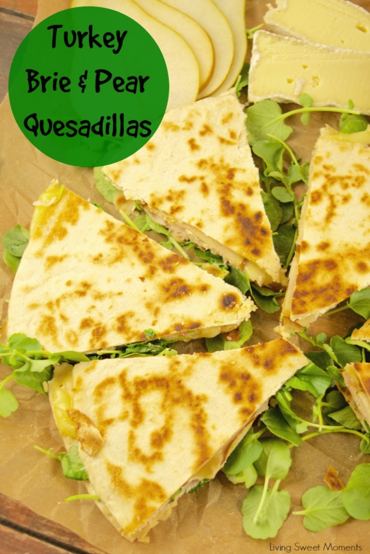 These delicious Turkey Brie Quesadillas have a touch of pear and are perfect for a quick weeknight dinner idea under 10 minutes or as a party appetizer. Yummy!!