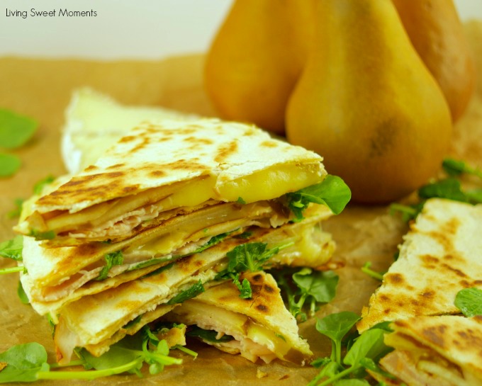 These delicious Turkey Brie Quesadillas have a touch of pear and are perfect for a quick weeknight dinner idea under 10 minutes or as a party appetizer. Yummy!!