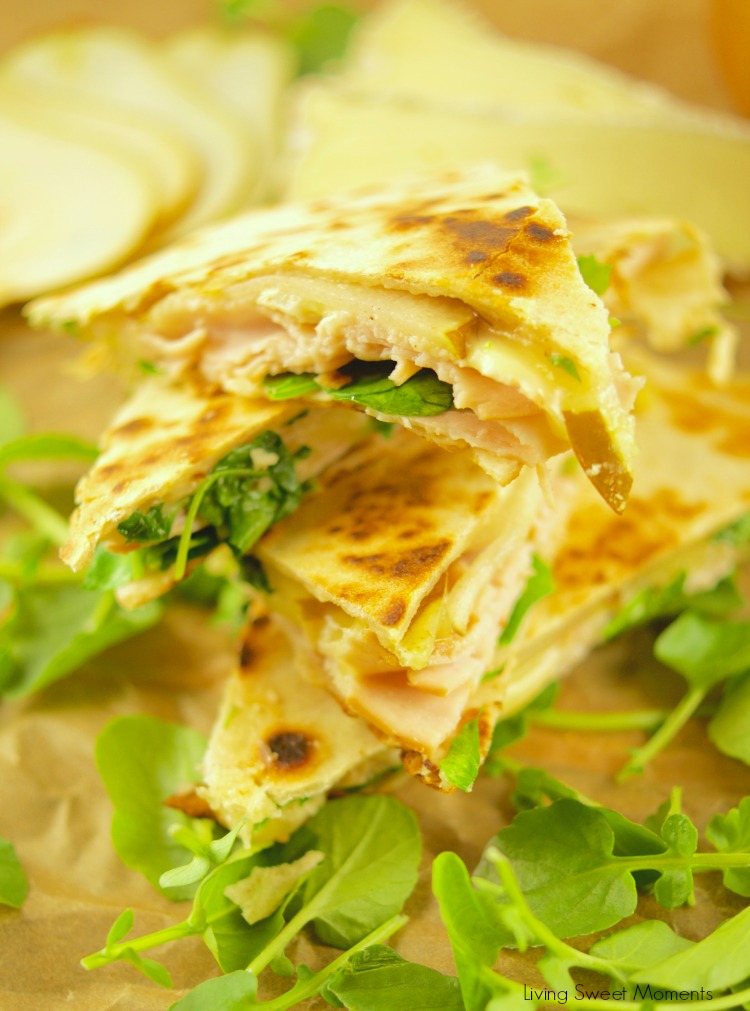 These delicious Turkey Brie Quesadillas have a touch of pear and are perfect for a quick weeknight dinner idea under 10 minutes or as a party appetizer. Yummy!!