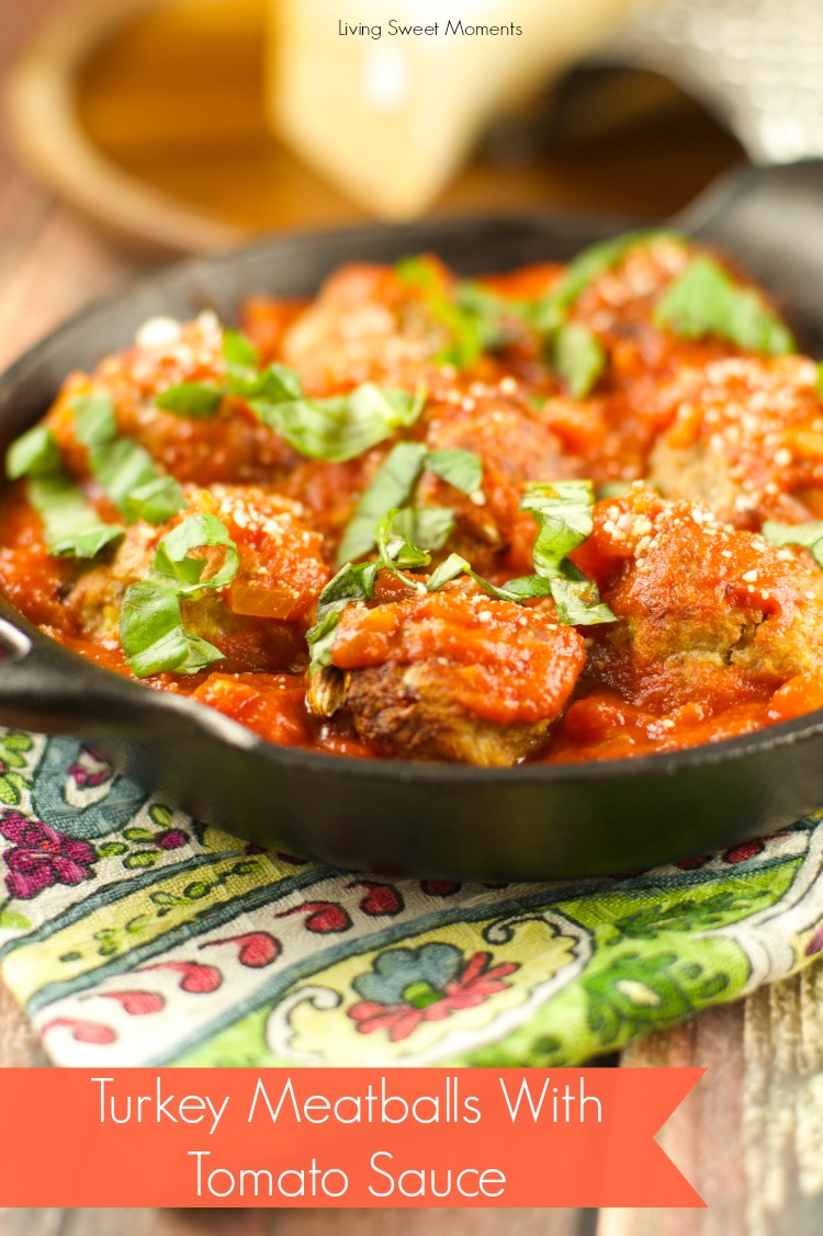 Turkey Meatballs With Tomato Sauce - these easy meatballs are baked and not fried. Served with a homemade light tomato sauce. The perfect 30 minute meal.