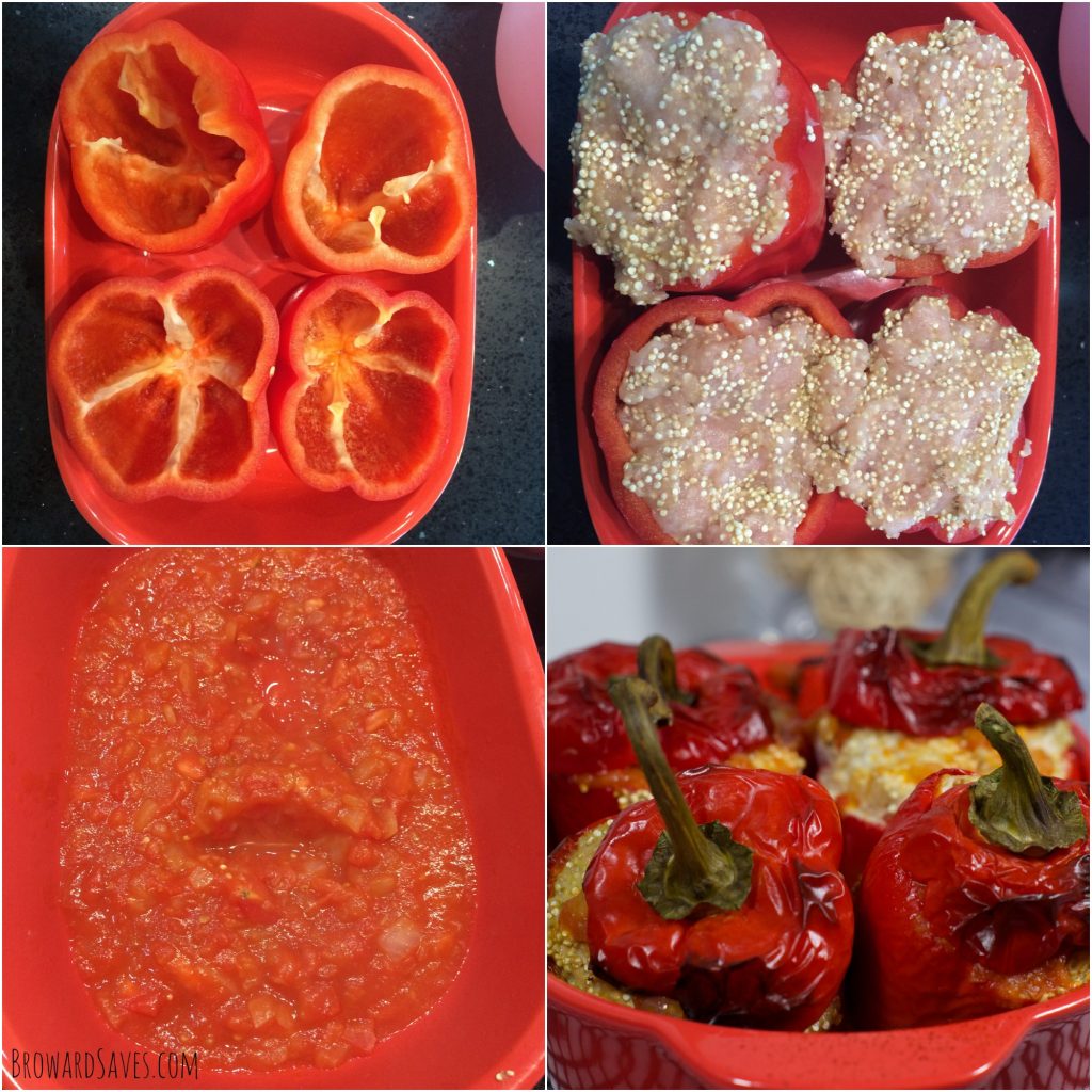Delicious, low fat and satisfying, these Turkey Quinoa Stuffed Peppers are made with a tomato sauce. Easy to make and kid friendly. Try this recipe!