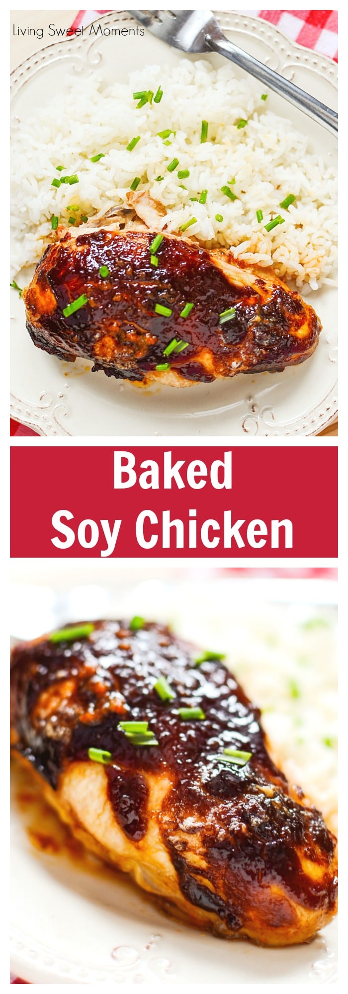 Looking for a quick weeknight dinner idea? This delicious Baked Soy Chicken Recipe has only 5 ingredients. Serve with rice or veggies on the side. More delicious chicken dinners at livingsweetmoments.com