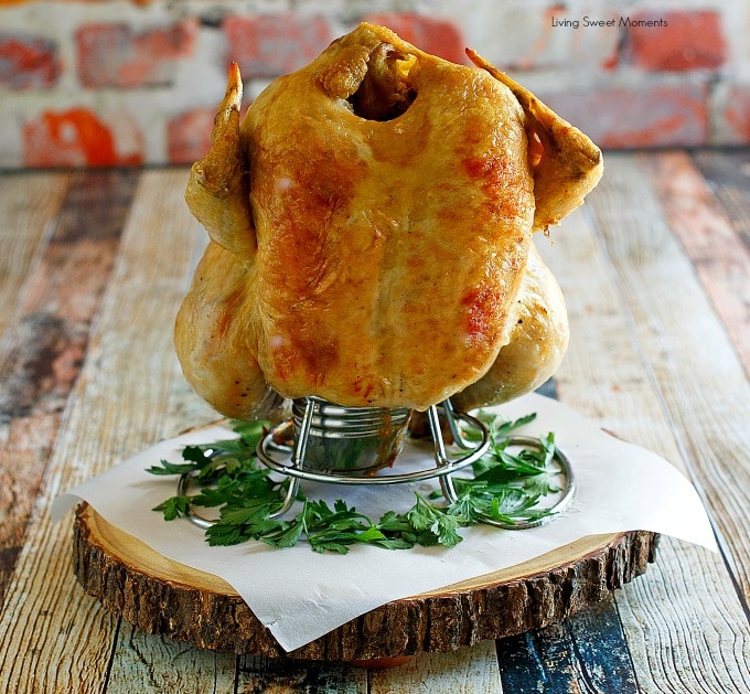This moist & delicious beer can chicken recipe is super easy to make & only requires 5 ingredients. A perfect weeknight chicken dinner for the whole family