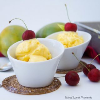 This creamy homemade mango frozen yogurt recipe only requires 3 ingredients to make and no ice cream machine needed. A perfect summer dessert for a hot day