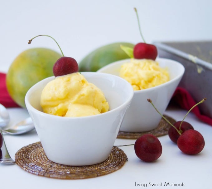 This creamy homemade mango frozen yogurt recipe only requires 3 ingredients to make and no ice cream machine needed. A perfect summer dessert for a hot day