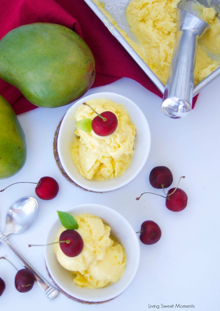 This creamy homemade mango frozen yogurt recipe only requires 3 ingredients to make and no ice cream machine needed. A perfect summer dessert for a hot day