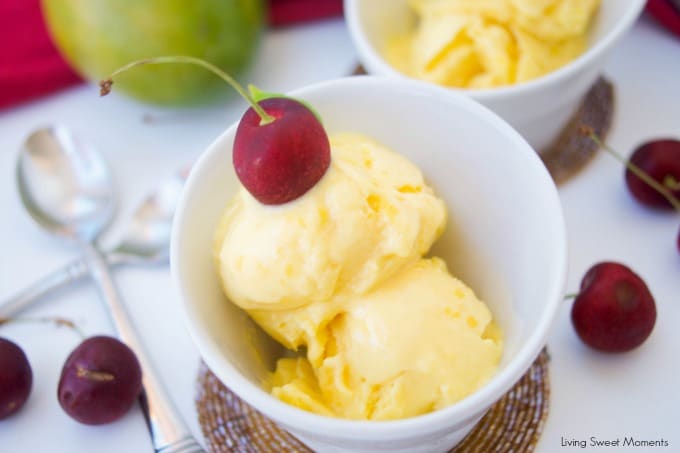 This creamy homemade mango frozen yogurt recipe only requires 3 ingredients to make and no ice cream machine needed. A perfect summer dessert for a hot day