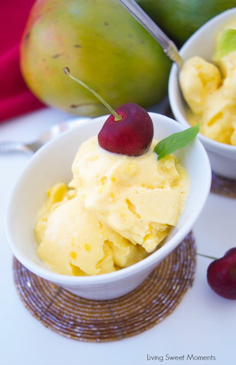 This creamy homemade mango frozen yogurt recipe only requires 3 ingredients to make and no ice cream machine needed. A perfect summer dessert for a hot day