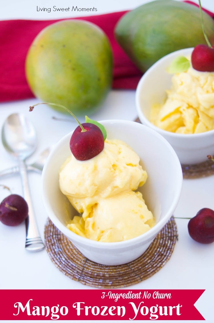 This creamy homemade mango frozen yogurt recipe only requires 3 ingredients to make and no ice cream machine needed. A perfect summer dessert for a hot day