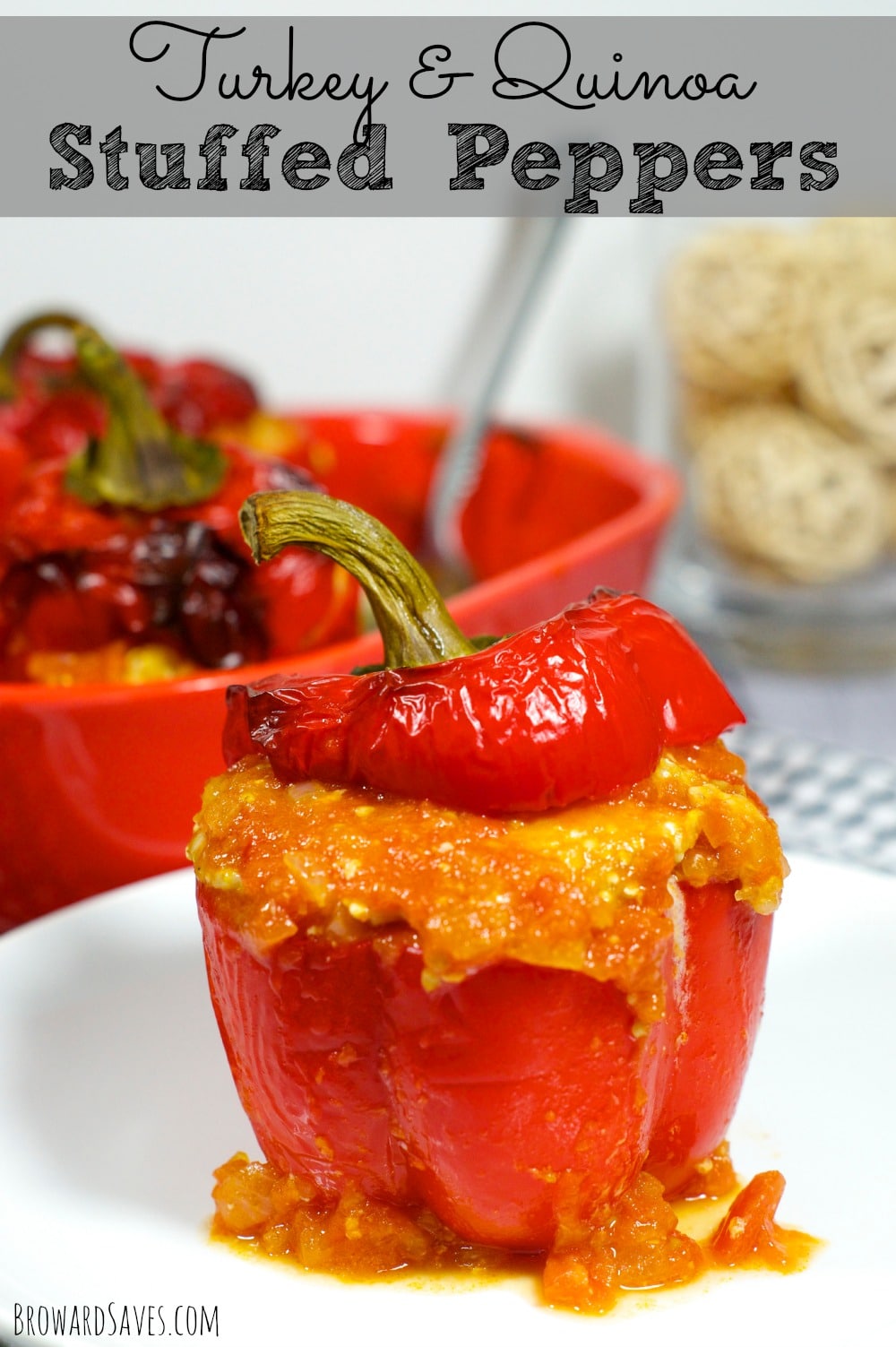 Delicious, low fat and satisfying, these Turkey Quinoa Stuffed Peppers are made with a tomato sauce. Easy to make and kid friendly. Try this recipe!