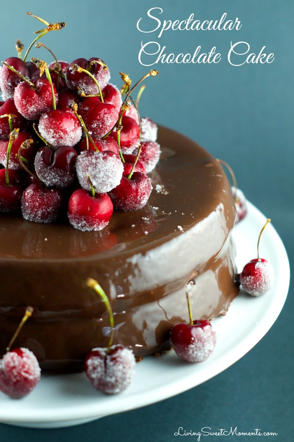 This spectacular Chocolate Cake Recipe with frosted cherries will not disappoint. The cake is chocolate with chocolate ganache and some snowed cherries. Yum