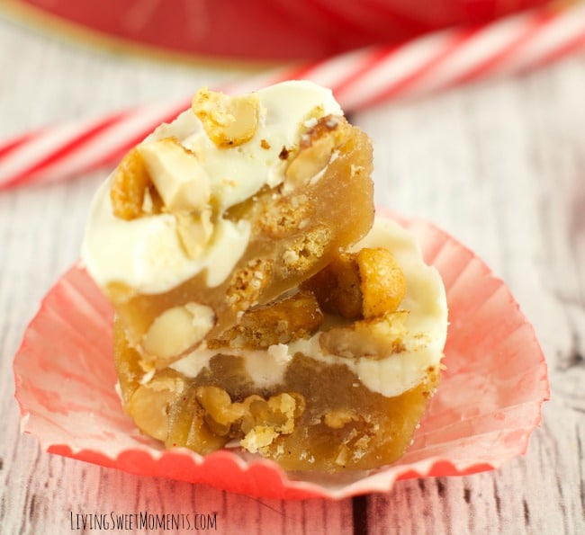 This delicious Holiday Spiced Toffee Recipe has nuts and white chocolate to kick the flavor up a notch. I love to make it in little muffin tins to give out.