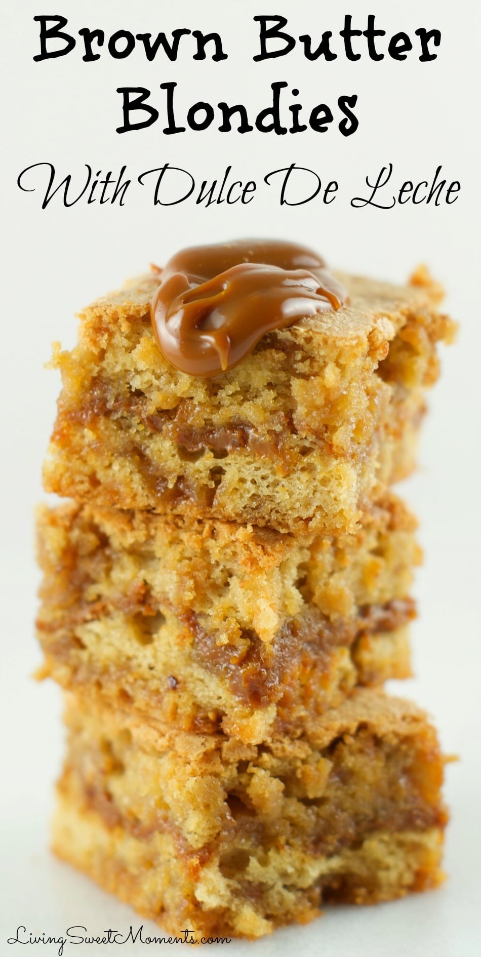 Brown Butter Blondies With Dulce De Leche - so delicious and irresistible. Butterscoth blondies with a creamy dulce de leche center. The perfect decadent dessert.