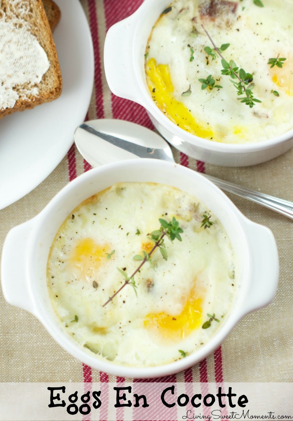 These delicious Baked Eggs En Cocotte are so easy to make and the perfect dish to serve for a brunch or for breakfast. I add delicious bacon and cheese. 