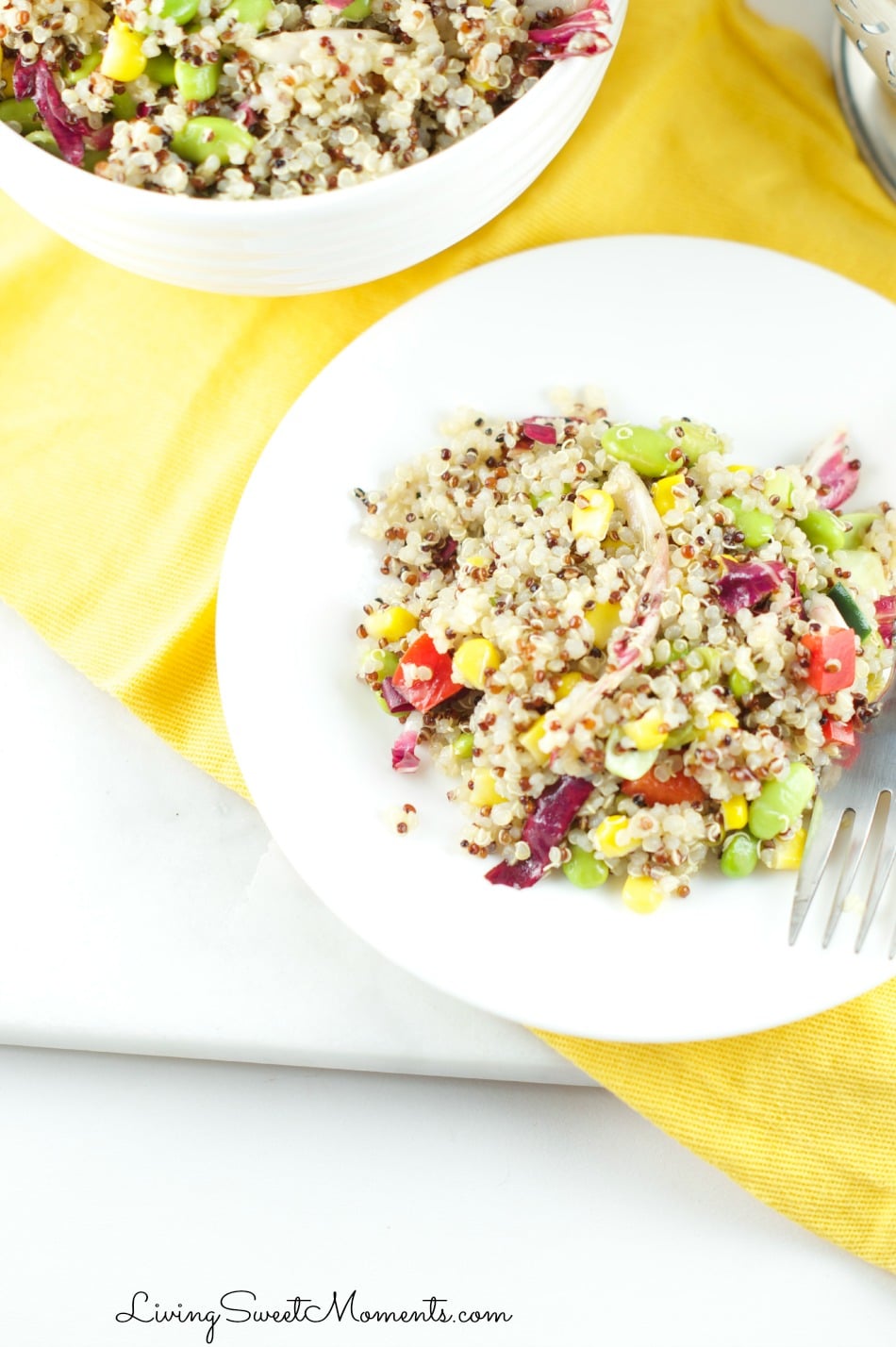 This fresh Quinoa Edamame Salad Recipe is colorful, crunchy and delicious. Served with an Asian-inspired vinaigrette and lots of veggies. Low fat and tasty