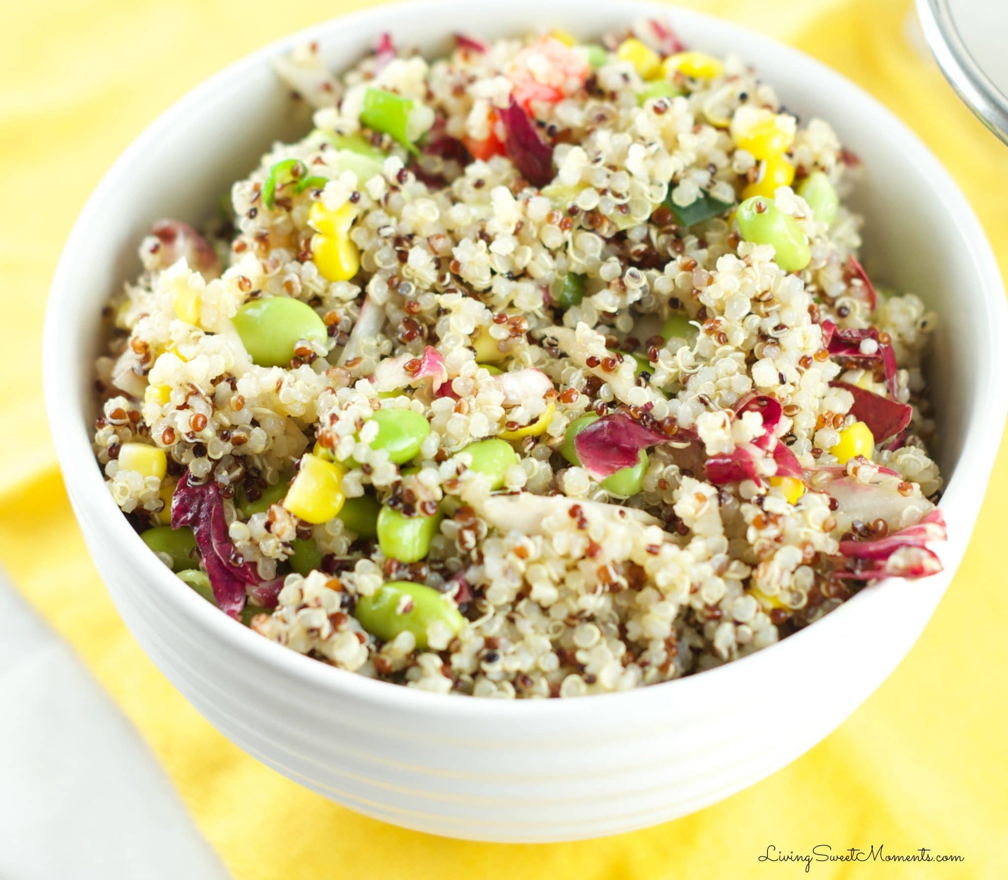 This fresh Quinoa Edamame Salad Recipe is colorful, crunchy and delicious. Served with an Asian-inspired vinaigrette and lots of veggies. Low fat and tasty