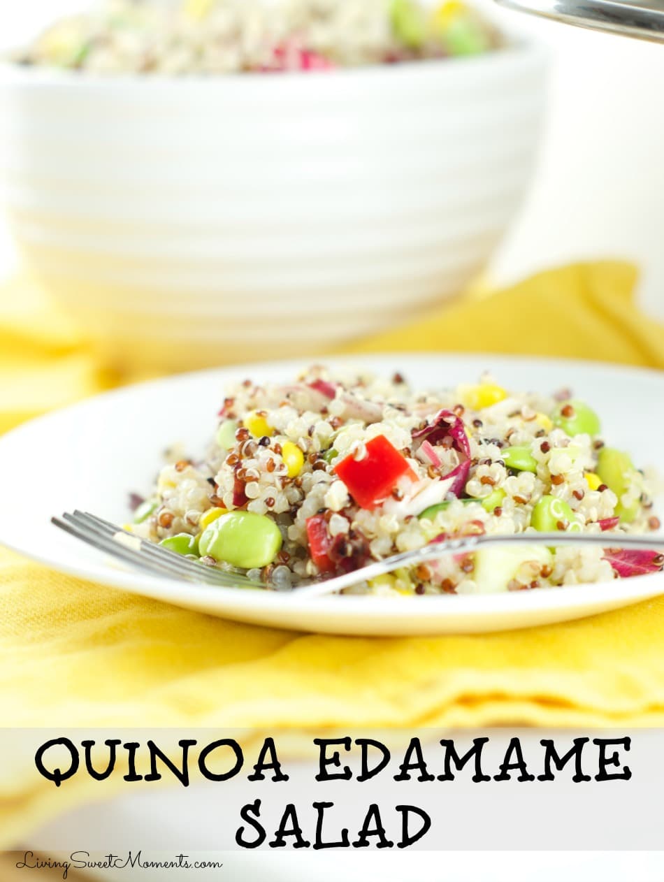 This fresh Quinoa Edamame Salad Recipe is colorful, crunchy and delicious. Served with an Asian-inspired vinaigrette and lots of veggies. Low fat and tasty
